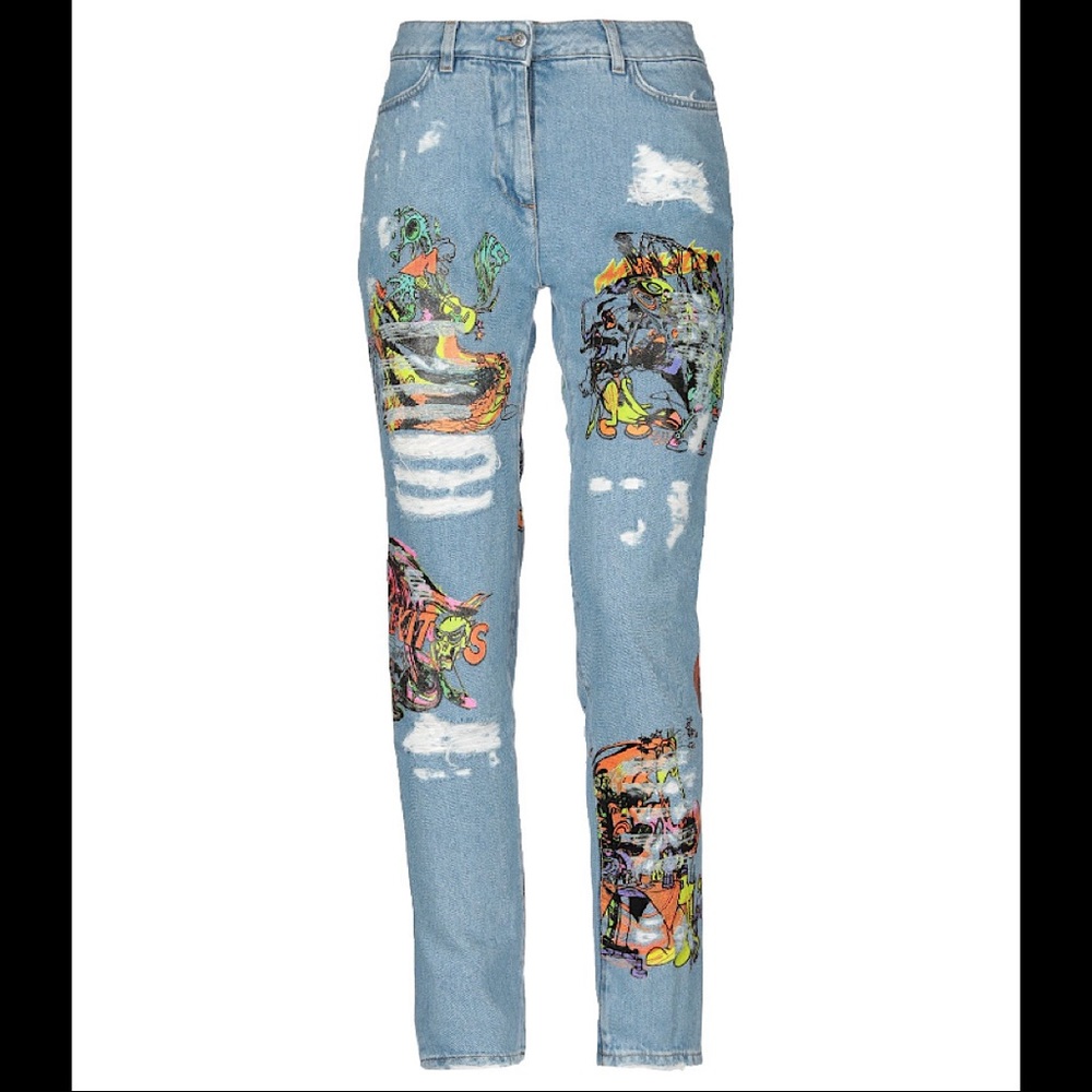 Jeremy Scott Graphic Print Paint Detail Denim Pant